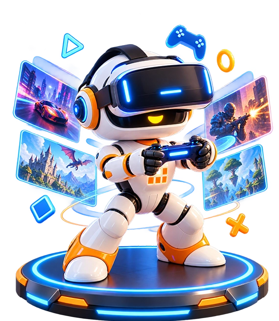 Gaming robot with a VR headset and game screens